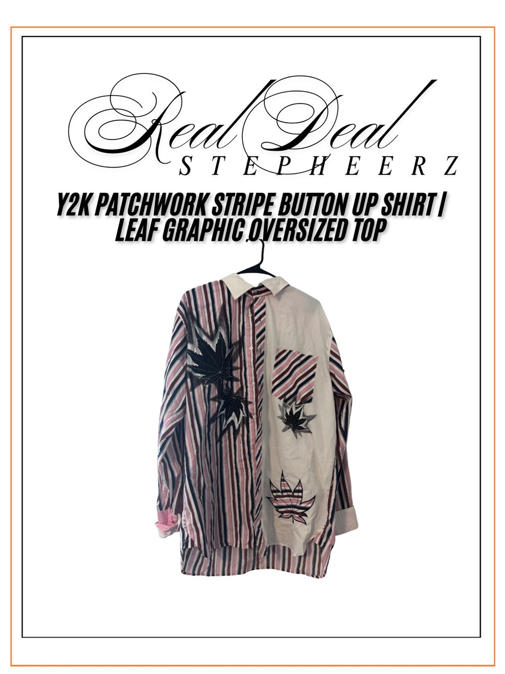 Y2K Patchwork Stripe Button Up Shirt | Leaf Graphic Oversized Top